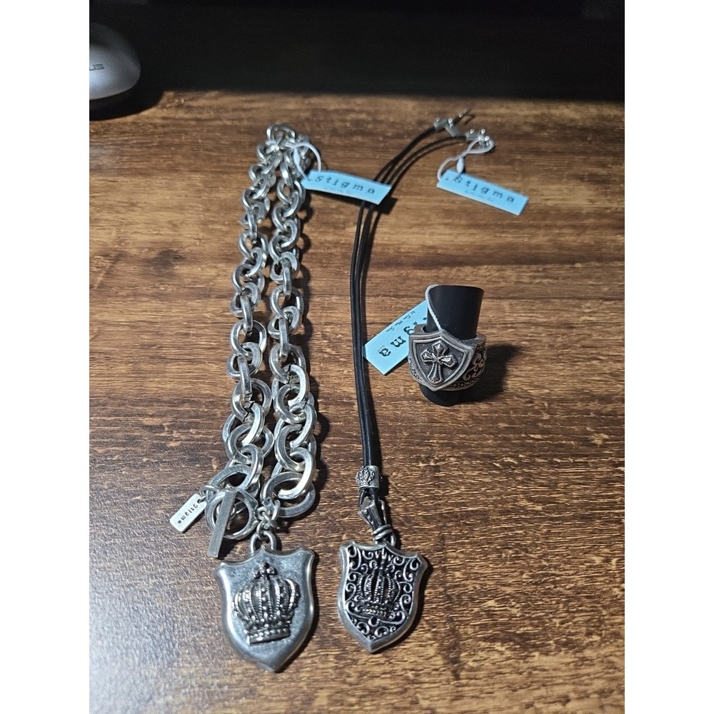 Stigma8 Gothic Shield Jewerly Set-3pc Mens Crown & Cross Necklace Ring‎ Bundle